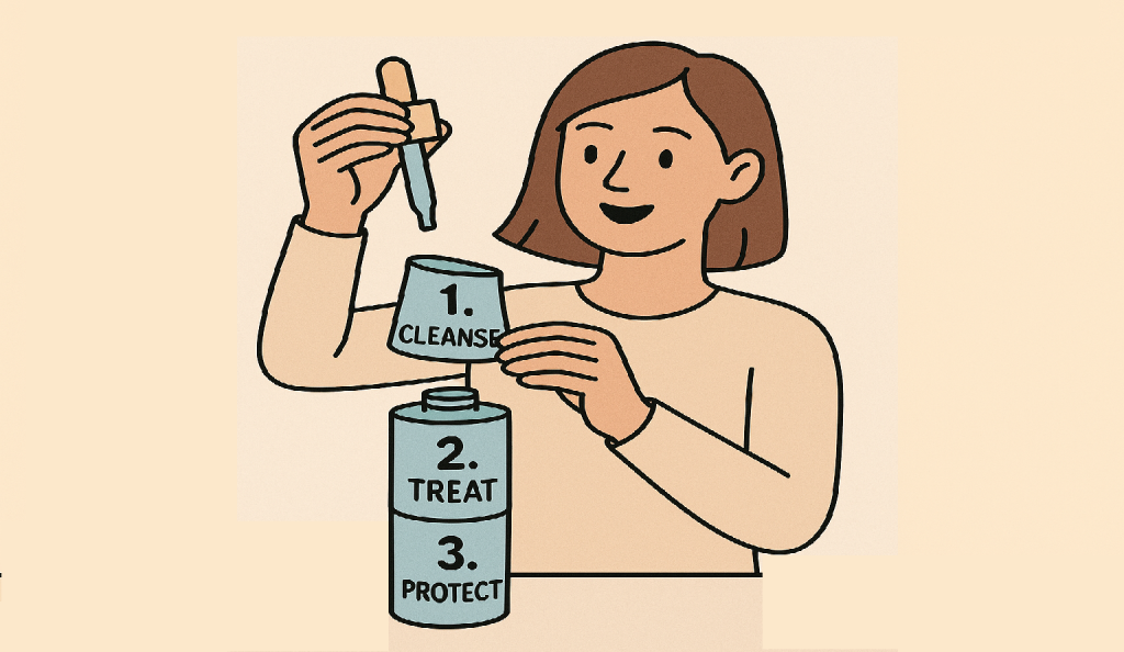 Image of a woman holding a disassembled serum bottle with parts labeled "1. Cleanse," "2. Treat," and "3. Protect," under the title "Breaking Down Skincare for ADHD."
