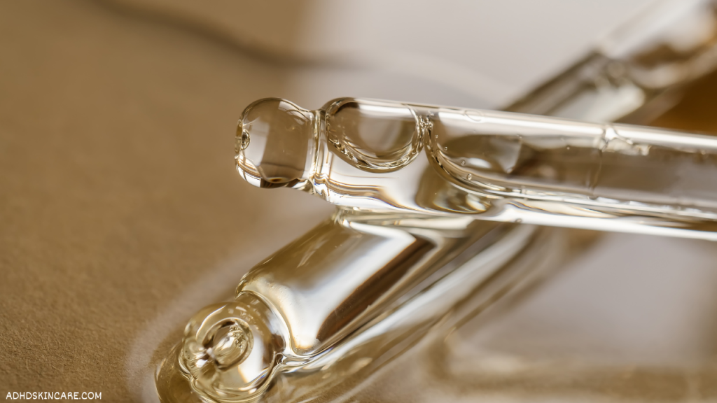Dropper bottles for serums which are the 3rd step in a 4-step skincare routine for oily skin