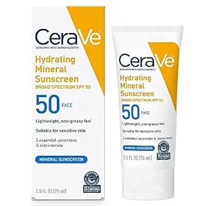 CeraVe 100% Mineral Sunscreen SPF 50, Face sunscreen With Zinc Oxide & Titanium Dioxide, Hyaluronic Acid + Niacinamide + Ceramides, Oil Free