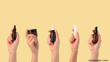 Multiple hands holding skincare bottles, part of a tailored Adderall skincare routine for oily skin.